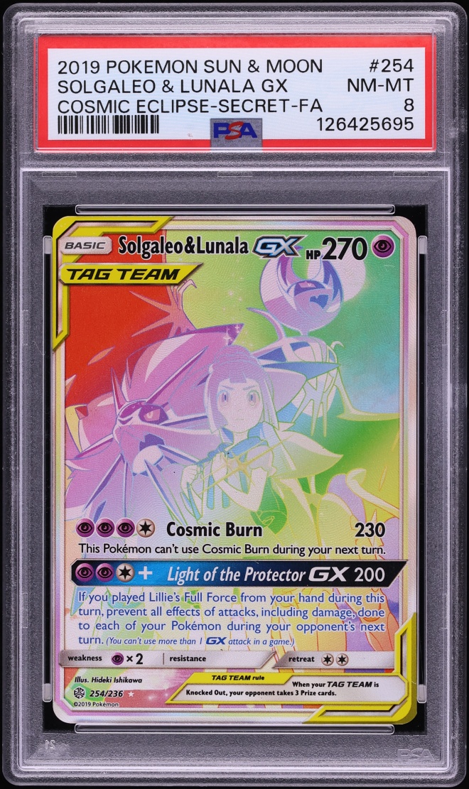 2019 Pokemon Sun & Moon Cosmic Eclipse Rainbow Rare Solgaleo & Lunala GX #254 PSA 8 NM-MT