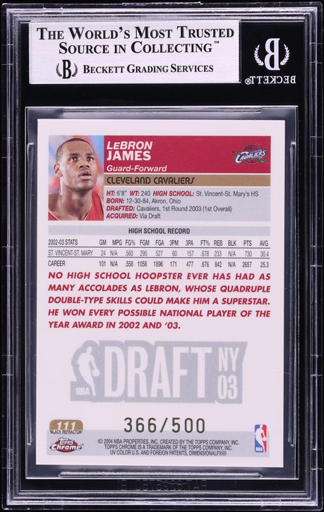 2003 Topps Chrome Black Refractor LeBron James ROOKIE /500 #111 BGS 9 MINT
