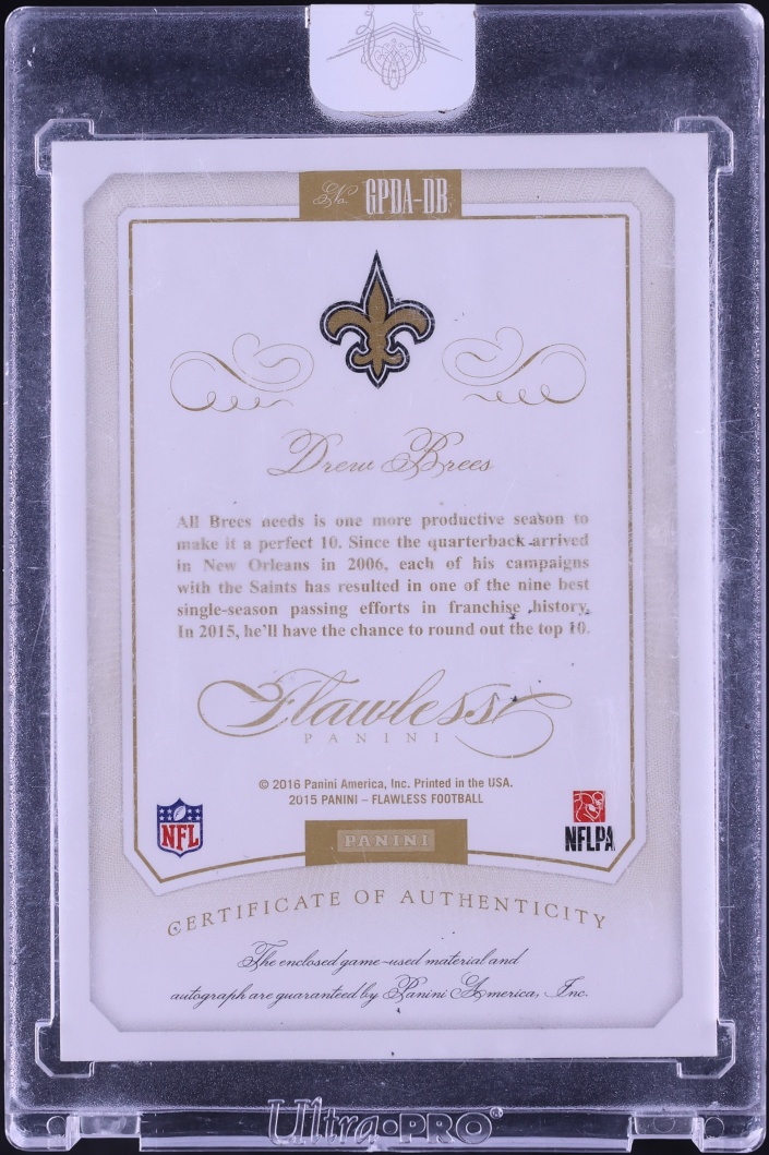 2015 Panini Flawless Greats Dual Emerald Drew Brees PATCH AUTO 5/5 #GPDA-DB - Photo 2