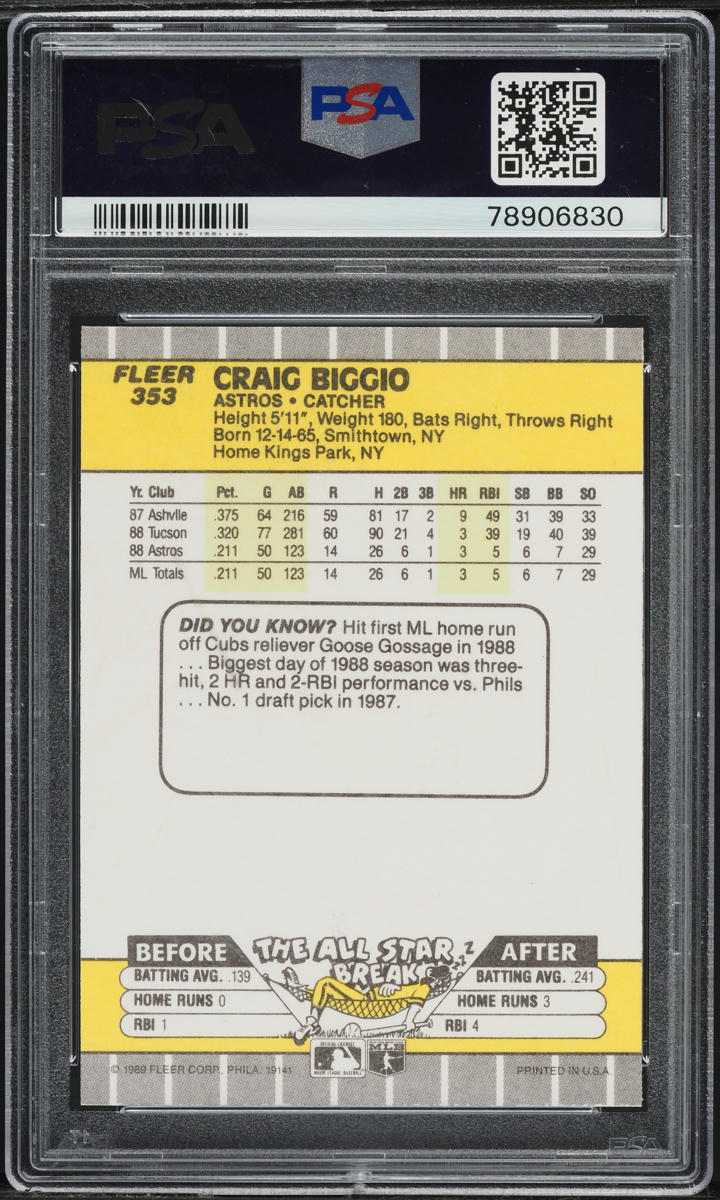 1989 Fleer Craig Biggio ROOKIE #353 PSA 5 EX