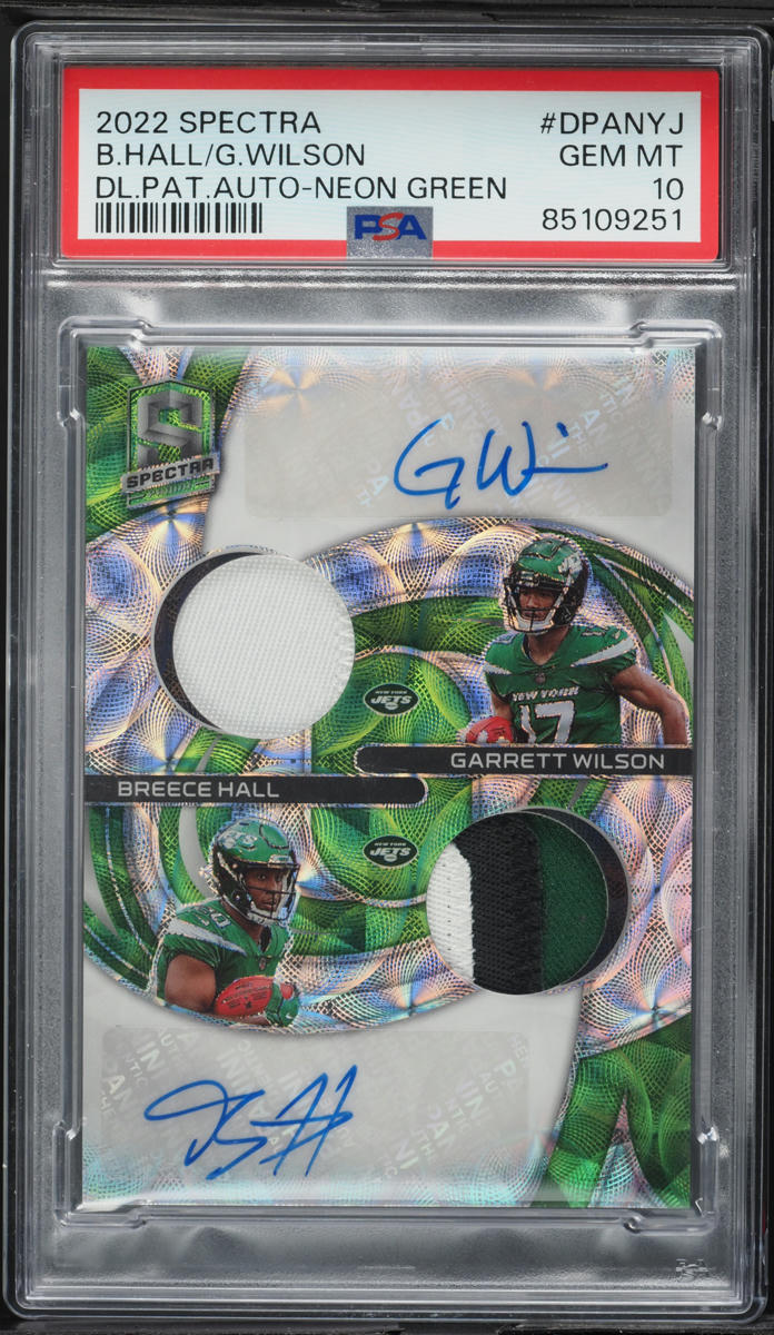 2022 Panini Spectra Green Breece Hall & Garrett Wilson RC PATCH AUTO /30 PSA 10