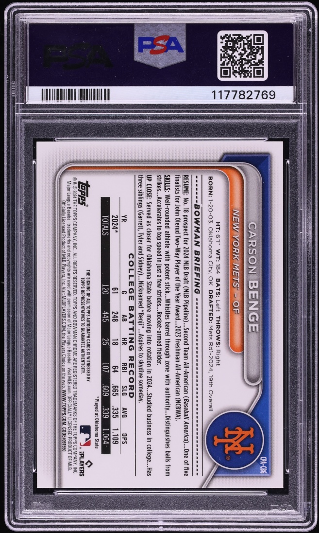 2024 Bowman Chrome Draft Sparkle Refractor Carson Benge PROSPECT AUTO /71 #CPA-CBG PSA 9 MINT - Photo 2