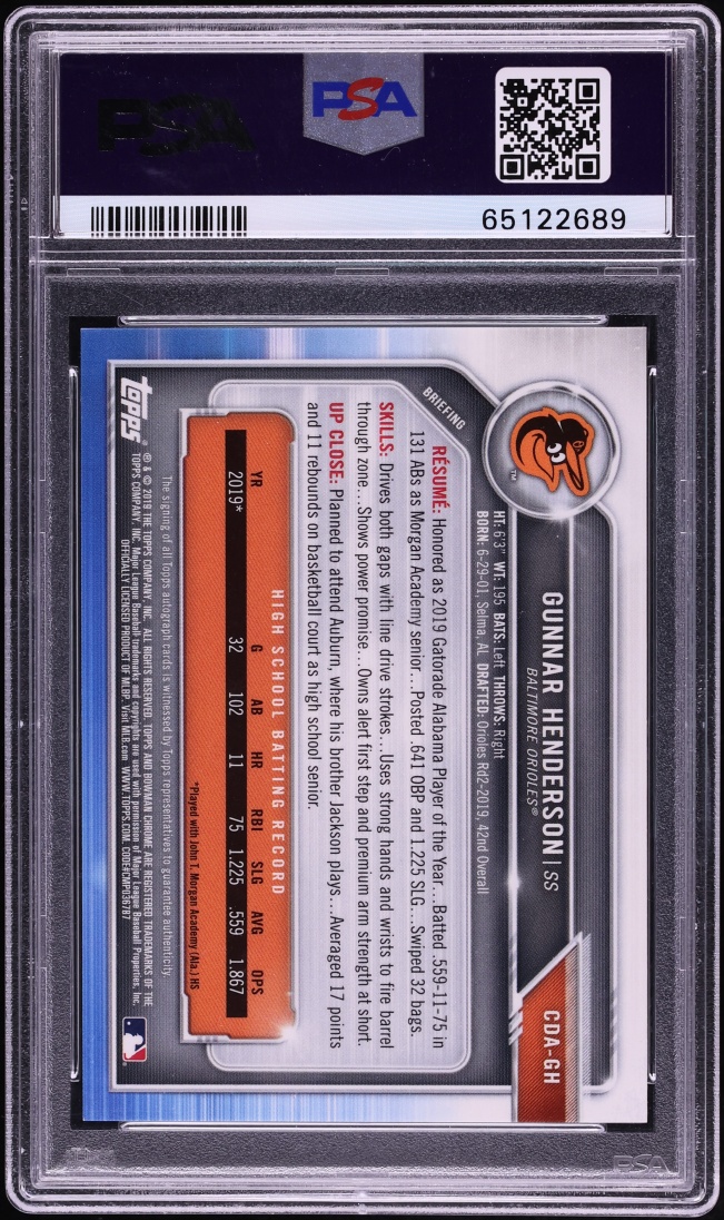 2019 Bowman Chrome Draft Gunnar Henderson PROSPECT AUTO #CDA-GH PSA 10 GEM MINT - Photo 2
