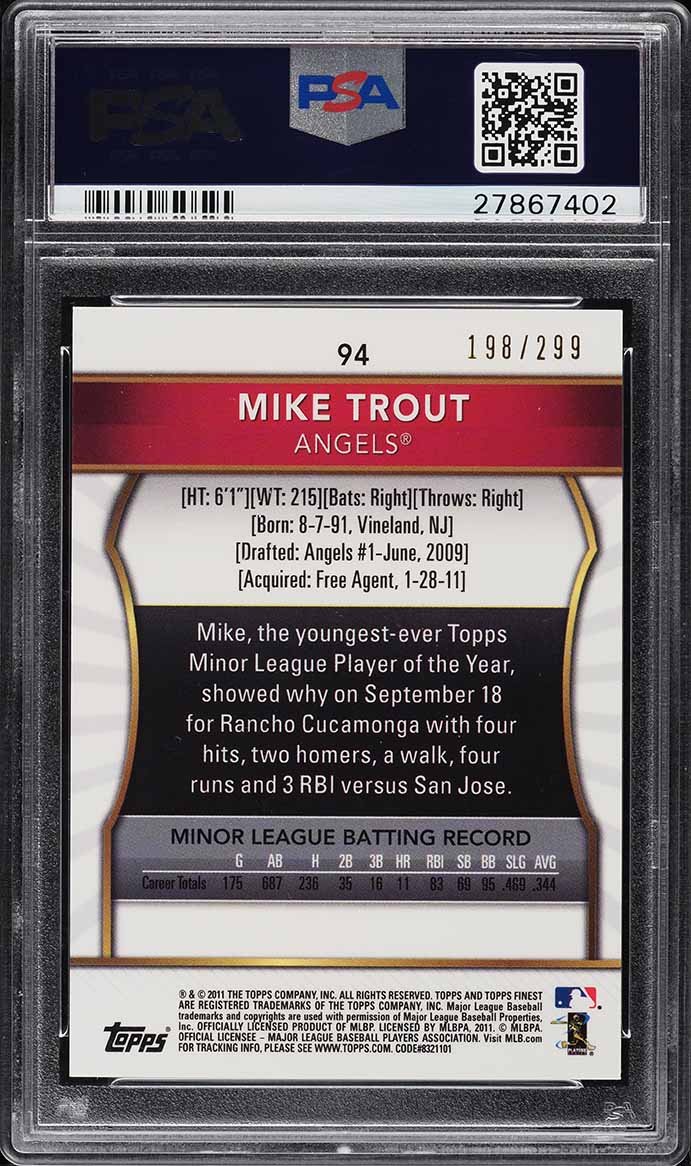 2011 Finest Xfractor Mike Trout ROOKIE /299 #94 PSA 10 GEM MINT