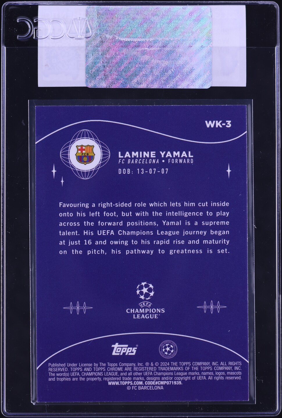 2023 Topps Chrome UEFA Club Competitions Wonderkids Lamine Yamal ROOKIE #WK-3 CGC AUTH
