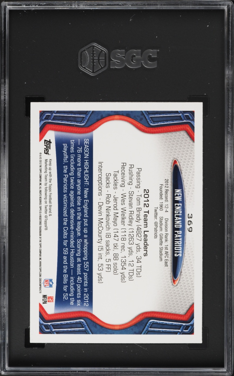 2013 Topps New England Patriots #369 SGC 10 GEM MINT