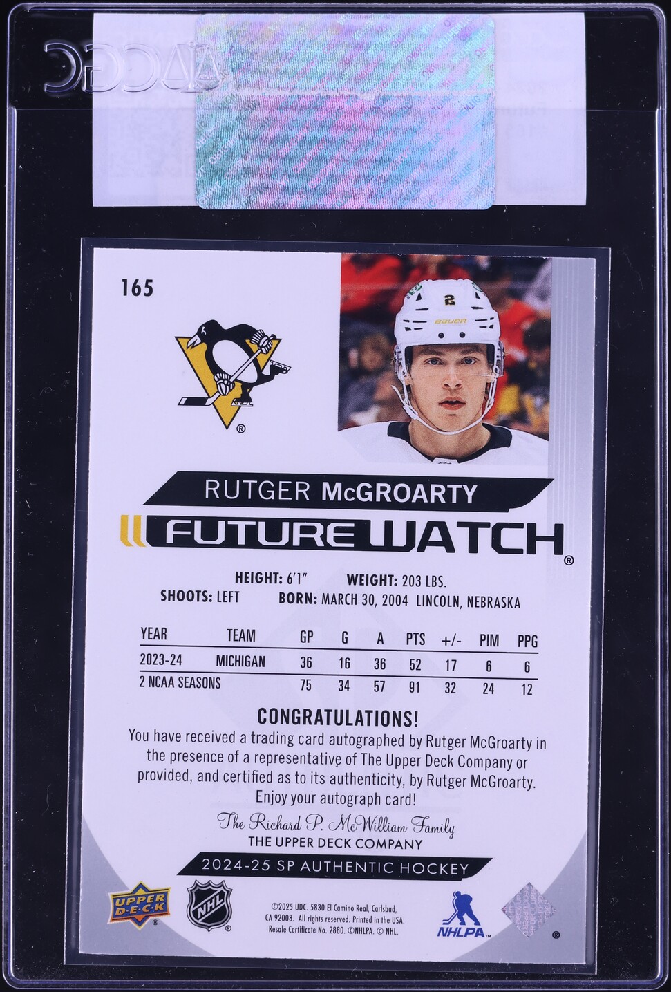 2024 SP Authentic Future Watch Rutger McGroarty ROOKIE AUTO /999 #165 CGC AUTH