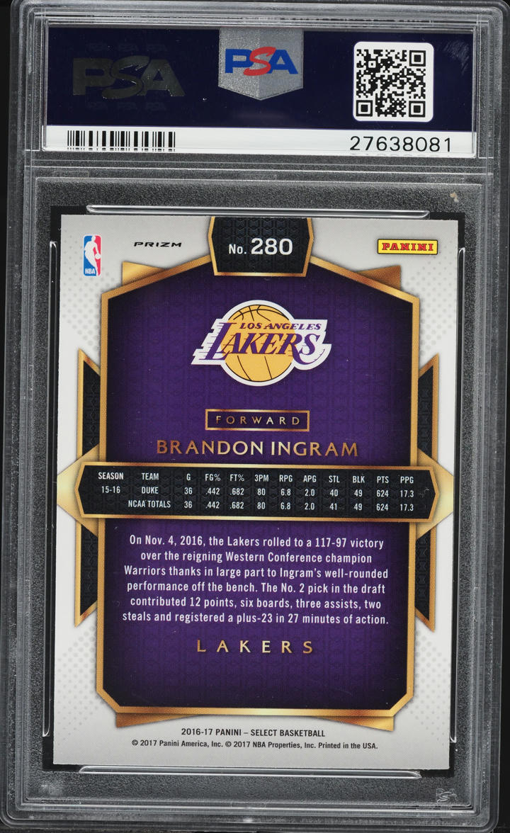 2016 Select Courtside Silver Prizm Brandon Ingram ROOKIE #280 PSA