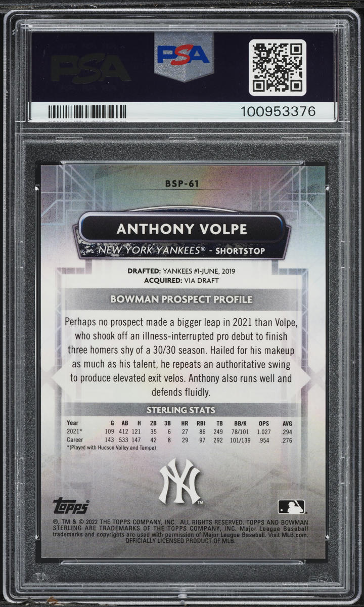2022 Bowman Sterling Mini-Diamond Refractor Anthony Volpe ROOKIE /150 #BSP-61 PSA 10 GEM MINT