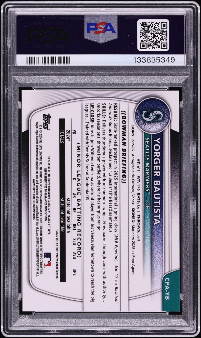 2025 Bowman Chrome Mini Diamond Yorger Bautista PROSPECT AUTO /100 #CPA-YB PSA 10 GEM MINT