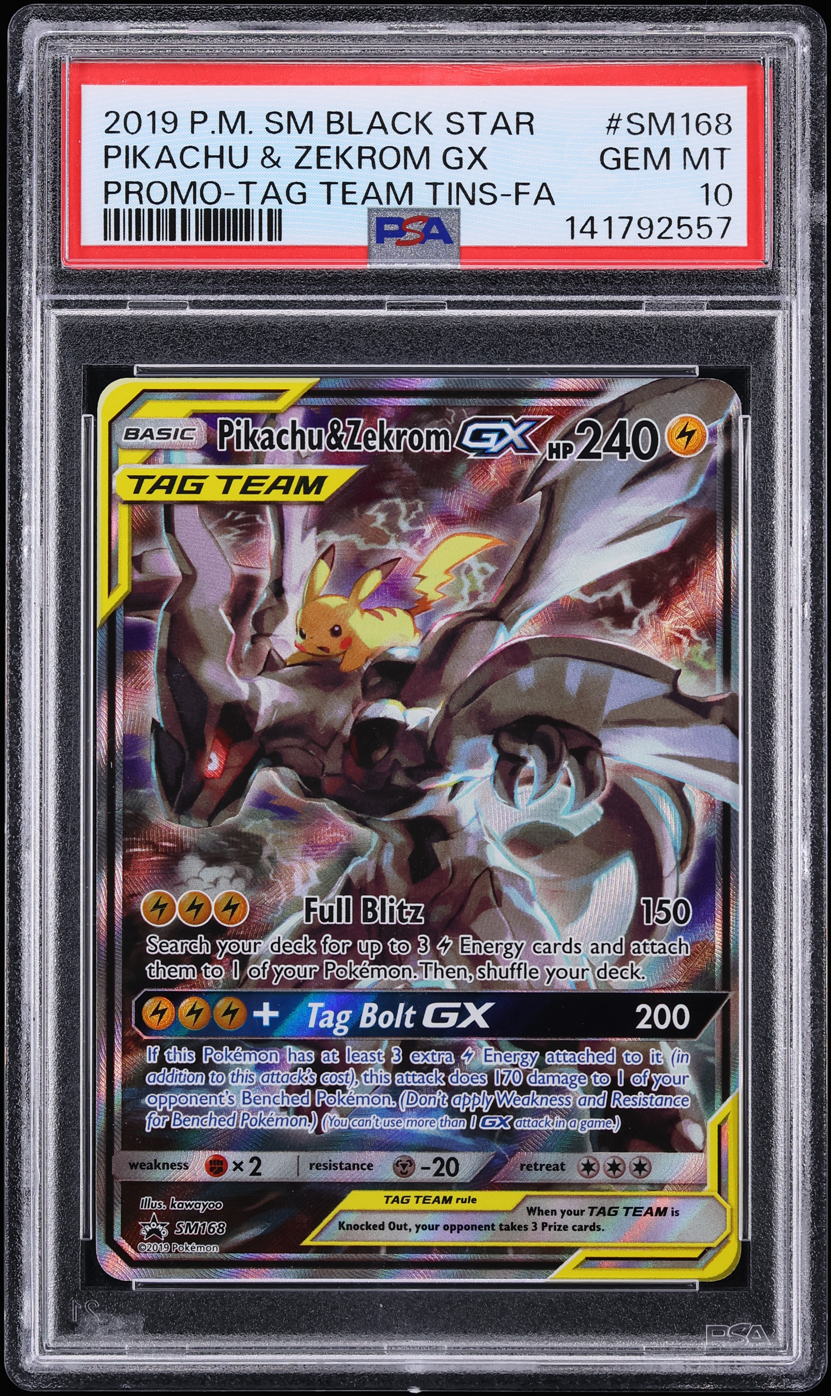 2019 Pokemon Sun & Moon Promo Tag Team Tins Full Art Pikachu & Zekrom GX #SM168 PSA 10 GEM MINT