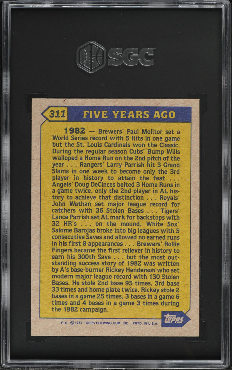 1987 Topps Turn Back The Clock Rickey Henderson #311 SGC 8.5 NM-MT+