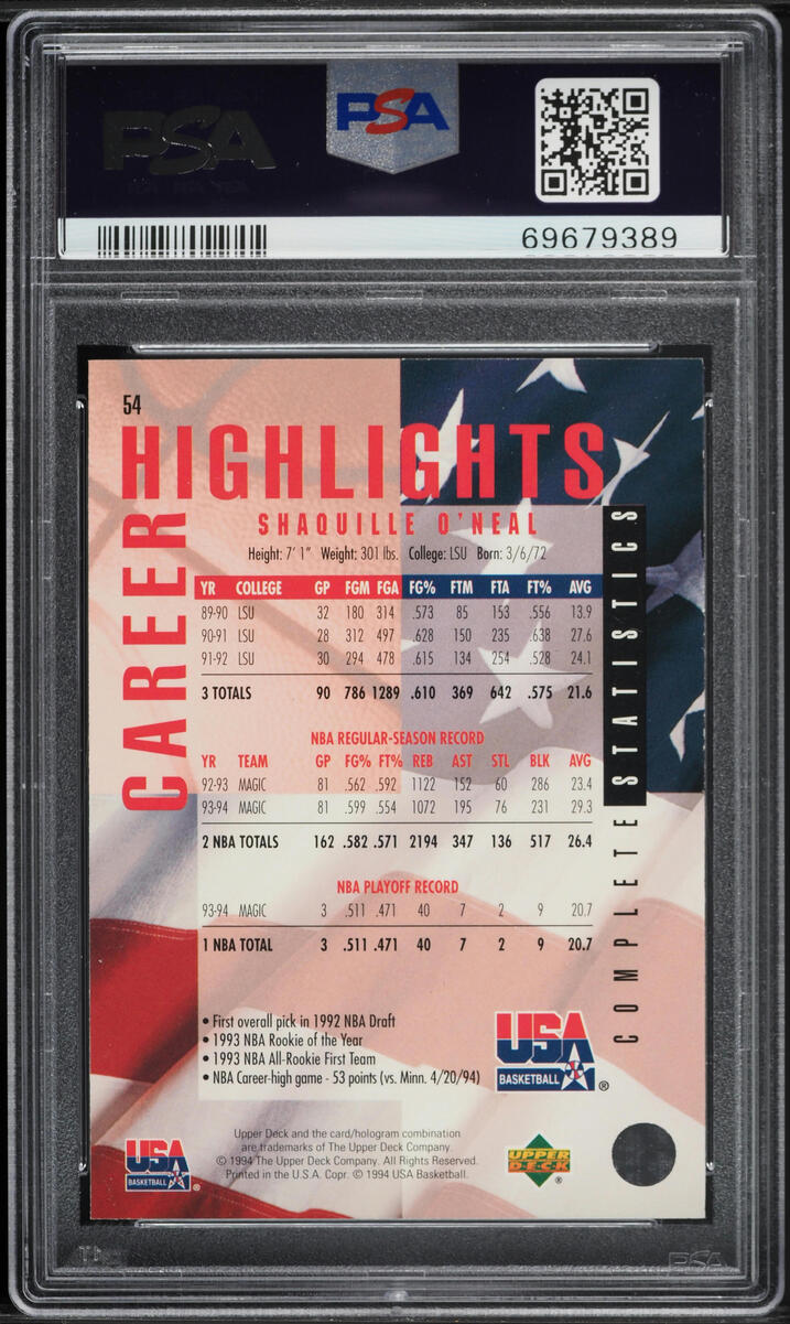 1994 Upper Deck USA Basketball Gold Medal Shaquille O'Neal #54 PSA 9 MINT