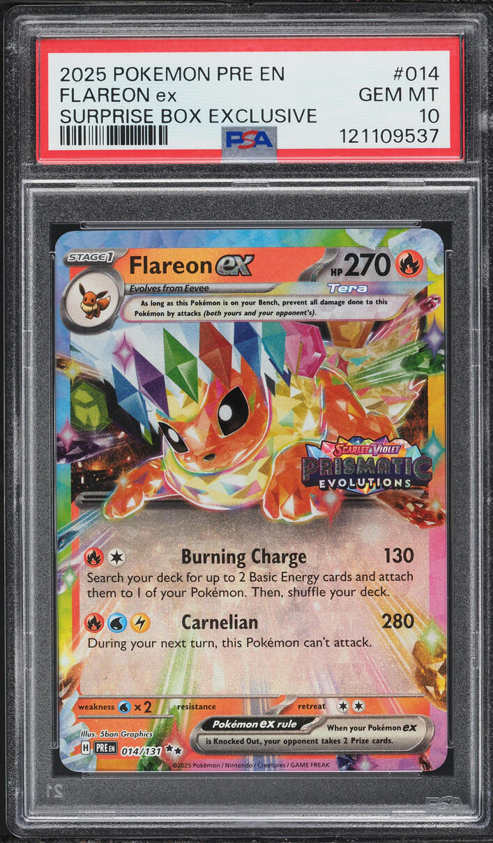 2025 Pokemon SV Prismatic Evolutions Surprise Box Holo Flareon ex #14 PSA 10 GEM MINT