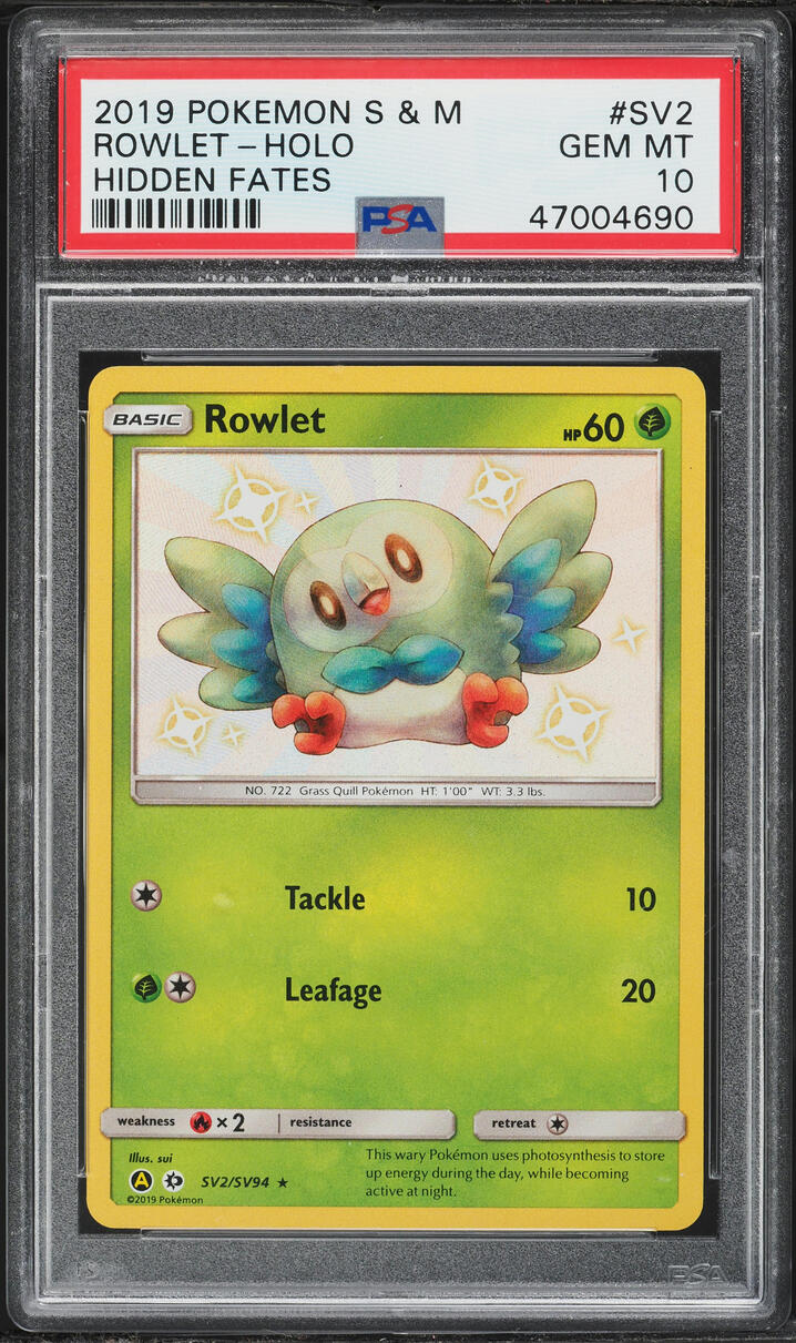 2019 Pokemon Sun & Moon Hidden Fates Shiny Rowlet #SV2 PSA 10 GEM MINT