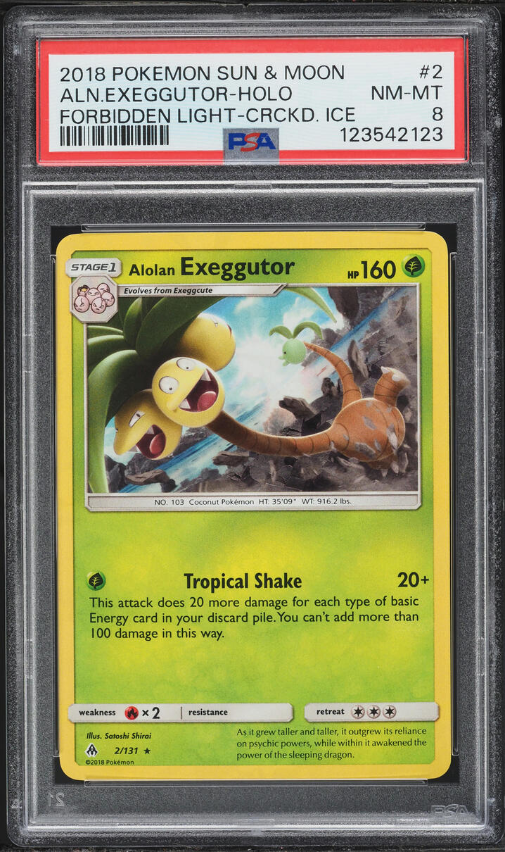 2018 Pokemon Sun & Moon Forbidden Light Cracked Ice Holo Alolan Exeggutor #2 PSA 8 NM-MT