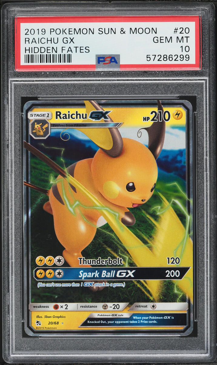 2019 Pokemon Sun & Moon Hidden Fates Raichu GX #20 PSA 10 GEM MINT