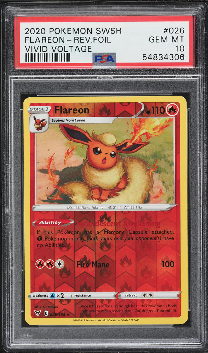 2020 Pokemon Sword & Shield Vivid Voltage Reverse Holo Flareon #26 PSA 10 GEM MINT
