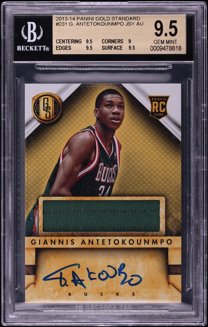 2013 Panini Gold Standard Giannis Antetokounmpo ROOKIE PATCH AUTO #231 BGS 9.5 GEM MINT