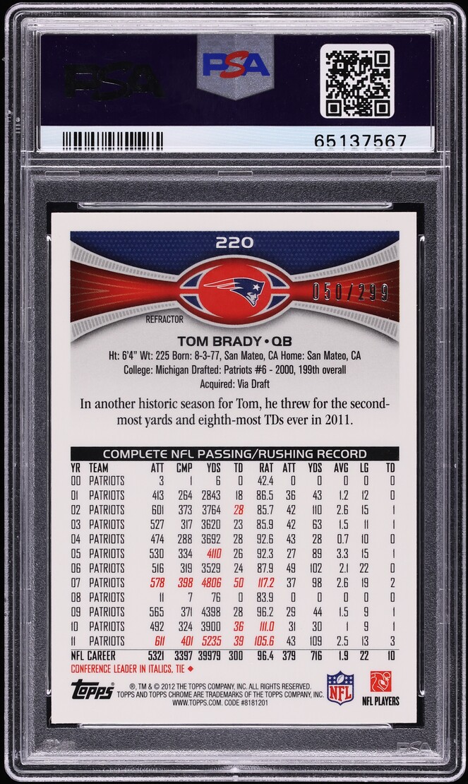 2012 Topps Chrome Black Refractor Tom Brady /299 #220 PSA 9 MINT