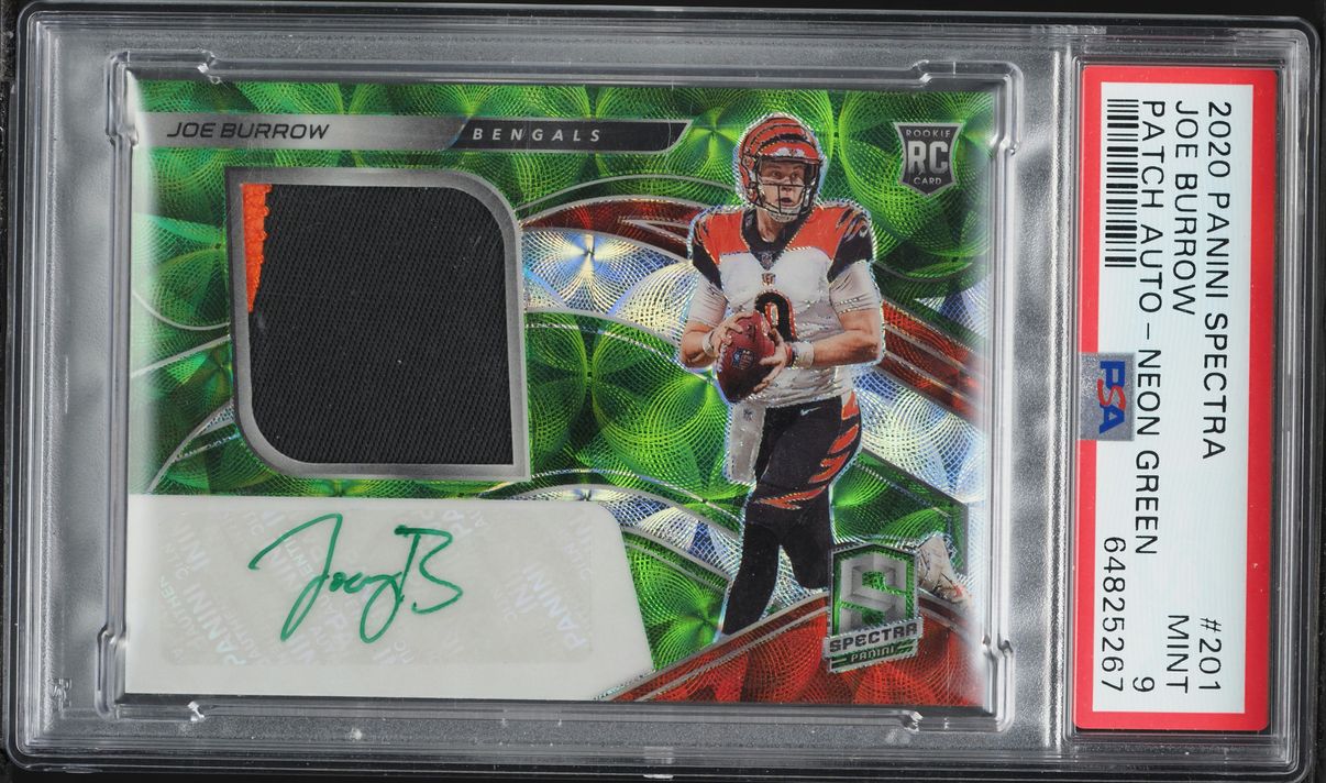 2020 Panini Spectra Neon Green Joe Burrow ROOKIE PATCH AUTO /50 #201 PSA 9 MINT
