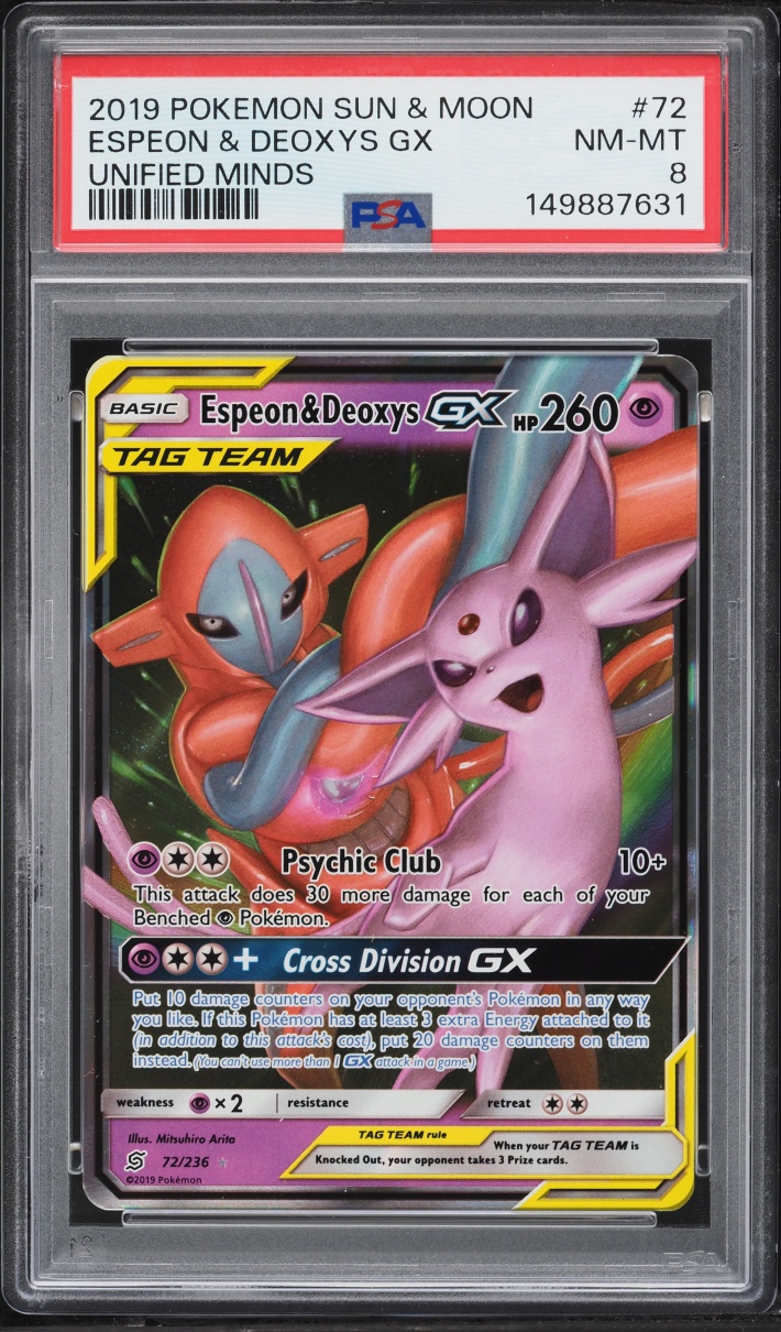 2019 Pokemon Sun & Moon Unified Minds Alt Art Espeon & Deoxys GX #72 PSA 8 NM-MT
