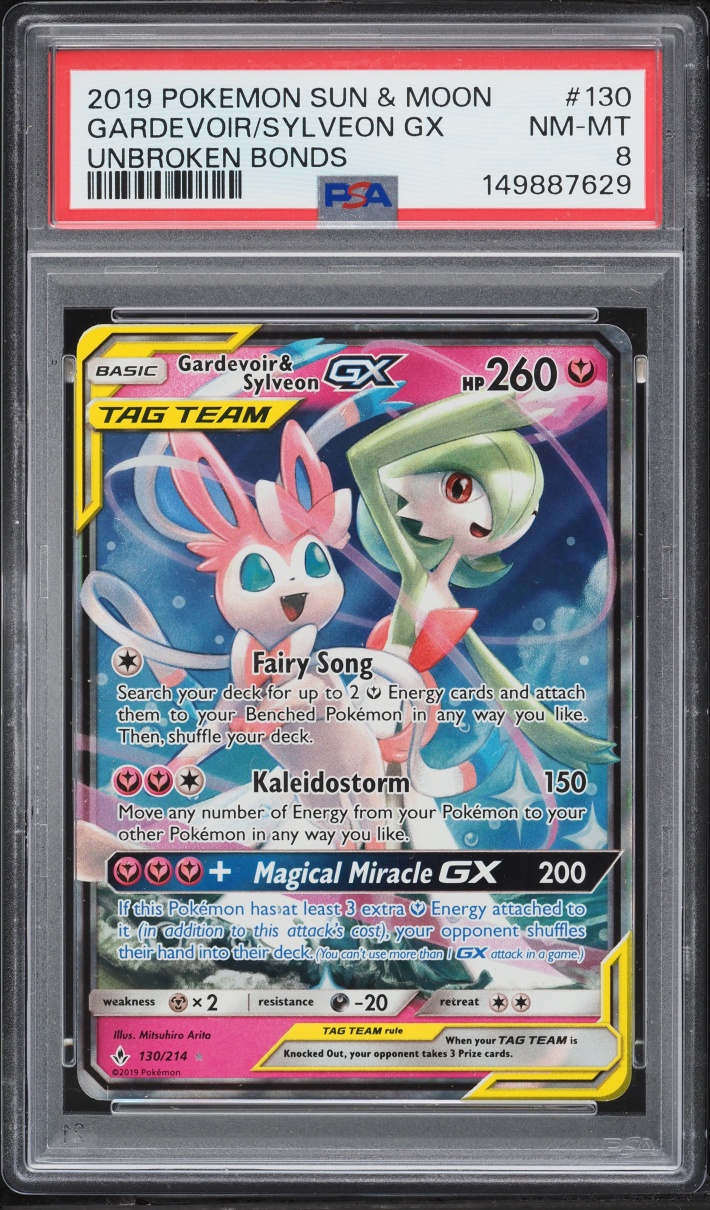 2019 Pokemon Sun & Moon Unbroken Bonds Holo Gardevoir & Sylveon GX #130 PSA 8 NM-MT