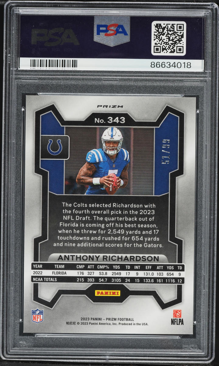 2023 Panini Prizm Blue Ice Anthony Richardson ROOKIE /99 #343 PSA 10 GEM MINT