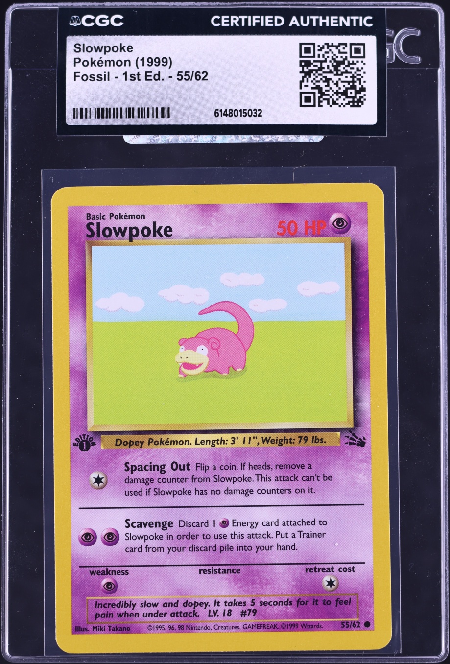 1999 Pokemon Fossil 1st Edition Slowpoke #55 CGC AUTH