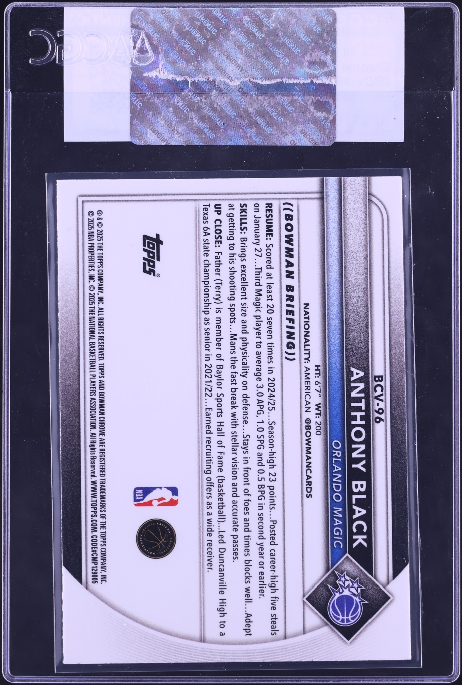 2025 Bowman Chrome Floorboard Refractor Anthony Black /125 #BCV-96 CGC AUTH