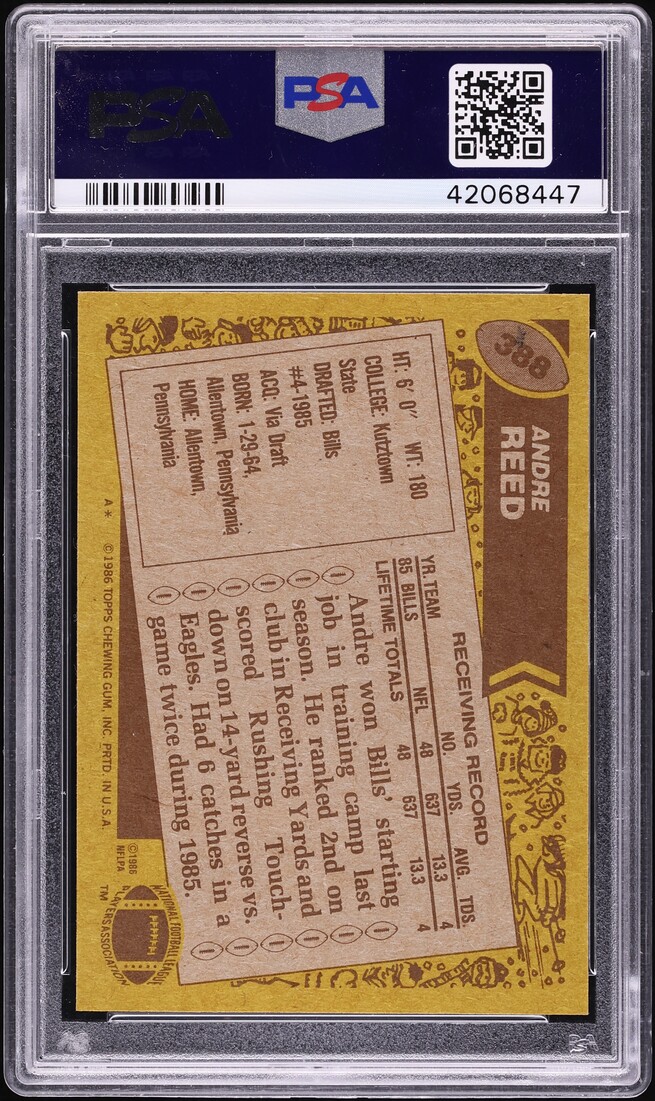 1986 Topps Football Andre Reed ROOKIE #388 PSA 10 GEM MINT