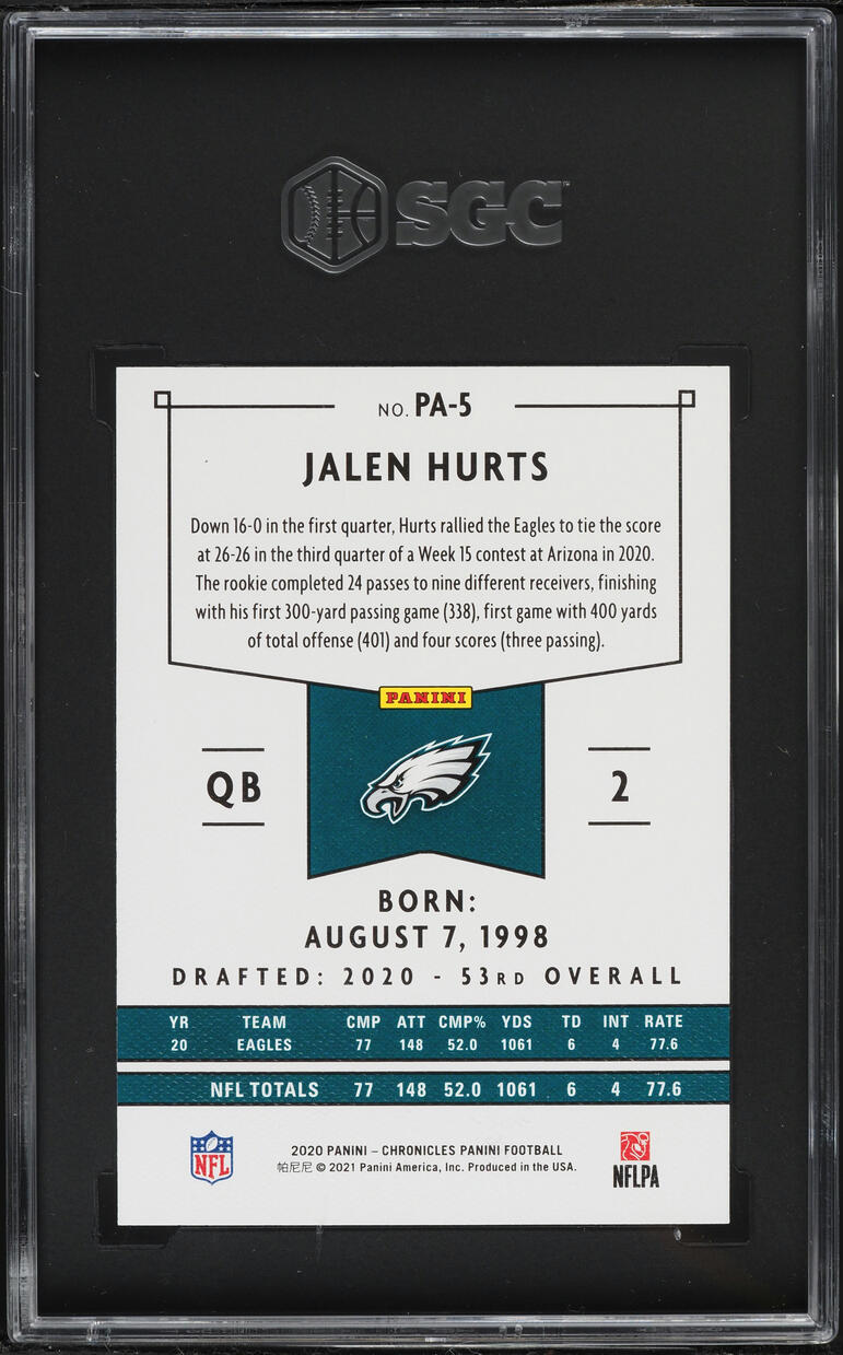 2020 Panini Chronicles Jalen Hurts ROOKIE #PA-5 SGC 9.5 MINT+