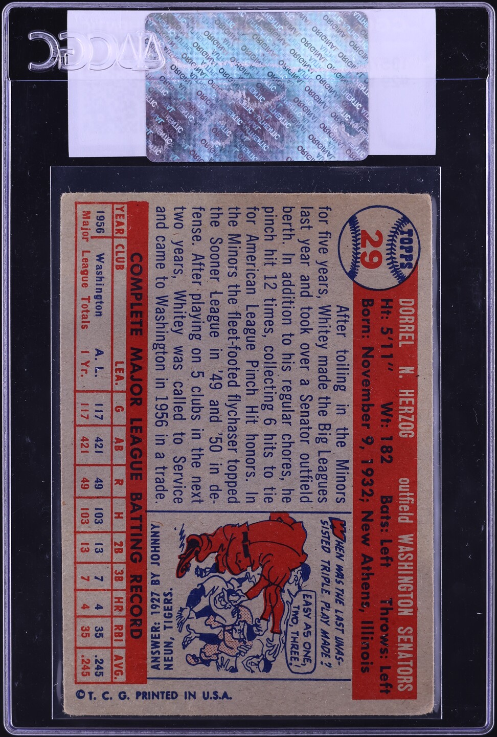 1957 Topps Whitey Herzog #29 CGC AUTH