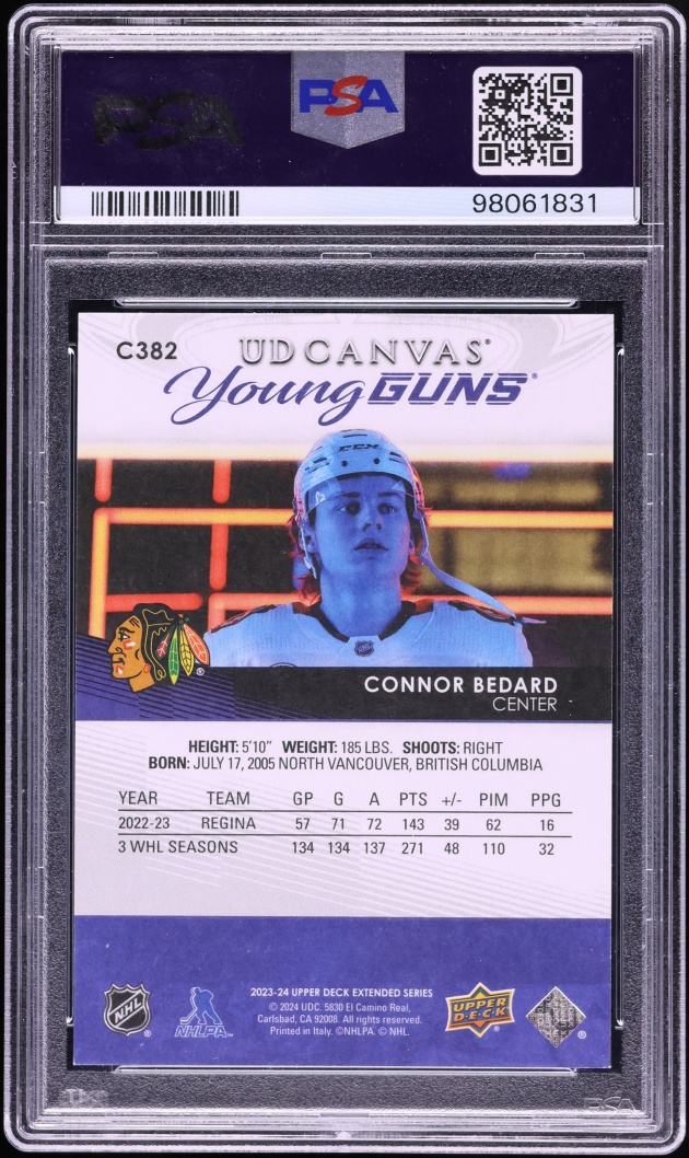2023 Upper Deck Canvas Young Guns Connor Bedard ROOKIE #C382 PSA 9 MINT