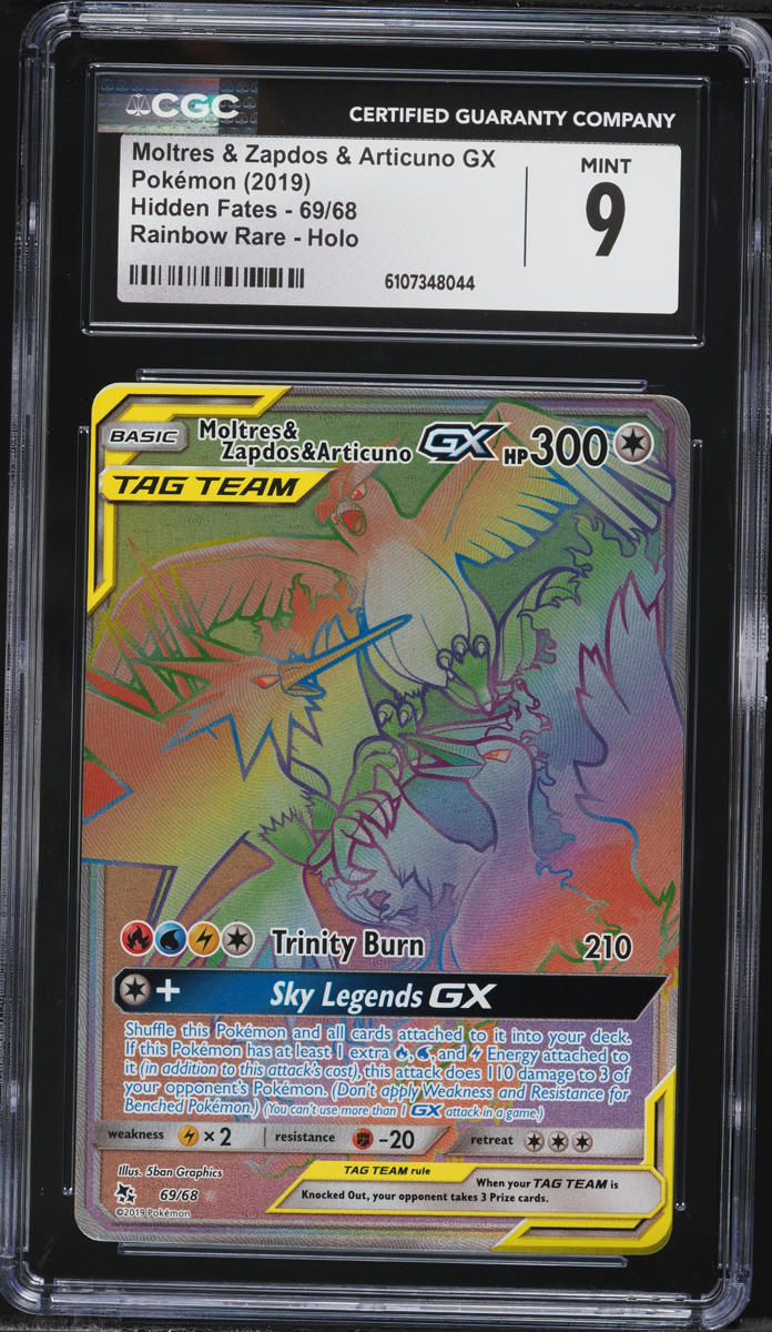 2019 Pokemon Sun & Moon Hidden Fates Rainbow Rare Moltres & Zapdos & Articuno GX #69 CGC 9 MINT
