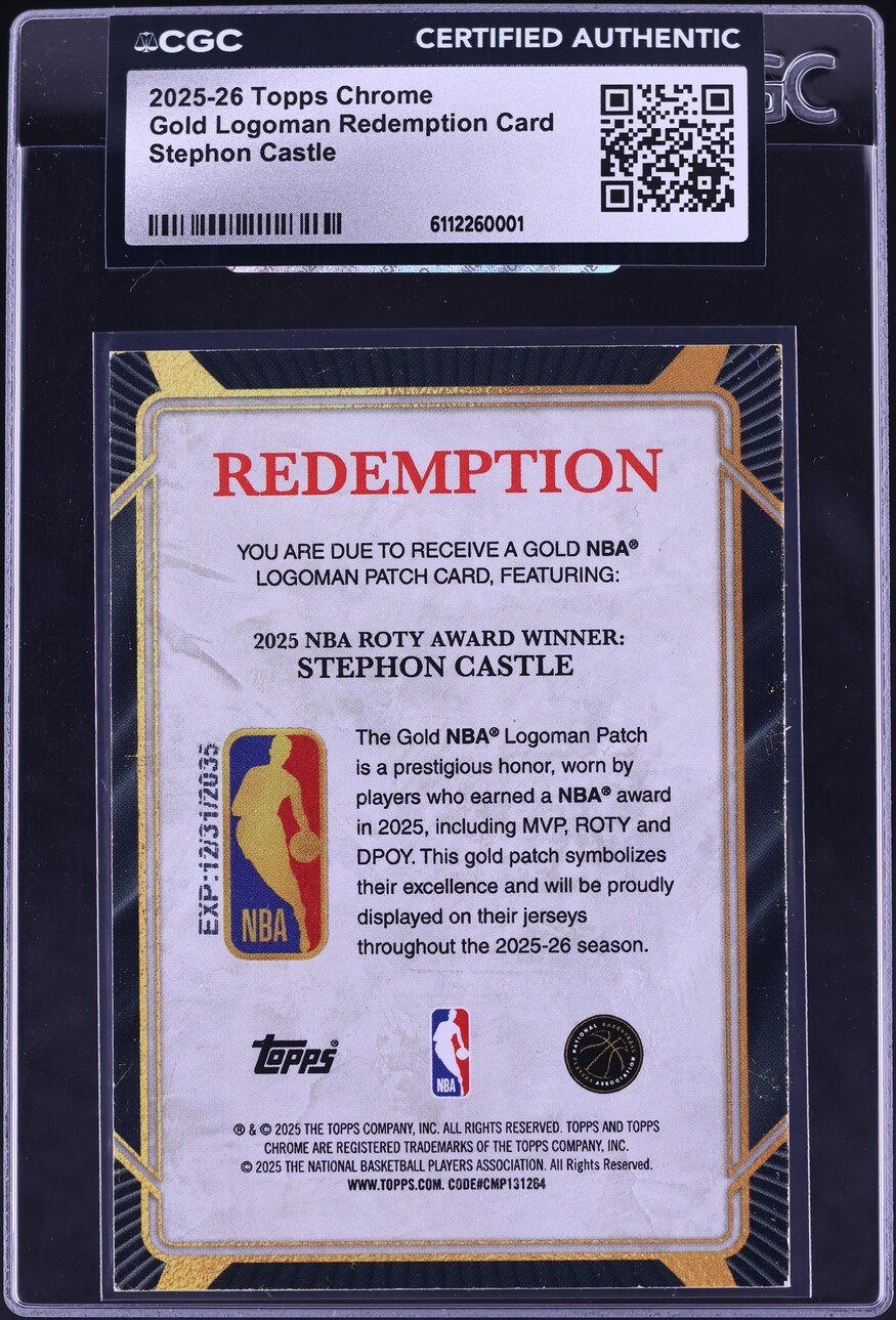 2025 Topps Chrome ROTY Award Gold NBA Logoman Stephon Castle /4 Unfulfilled Redemption CGC AUTH