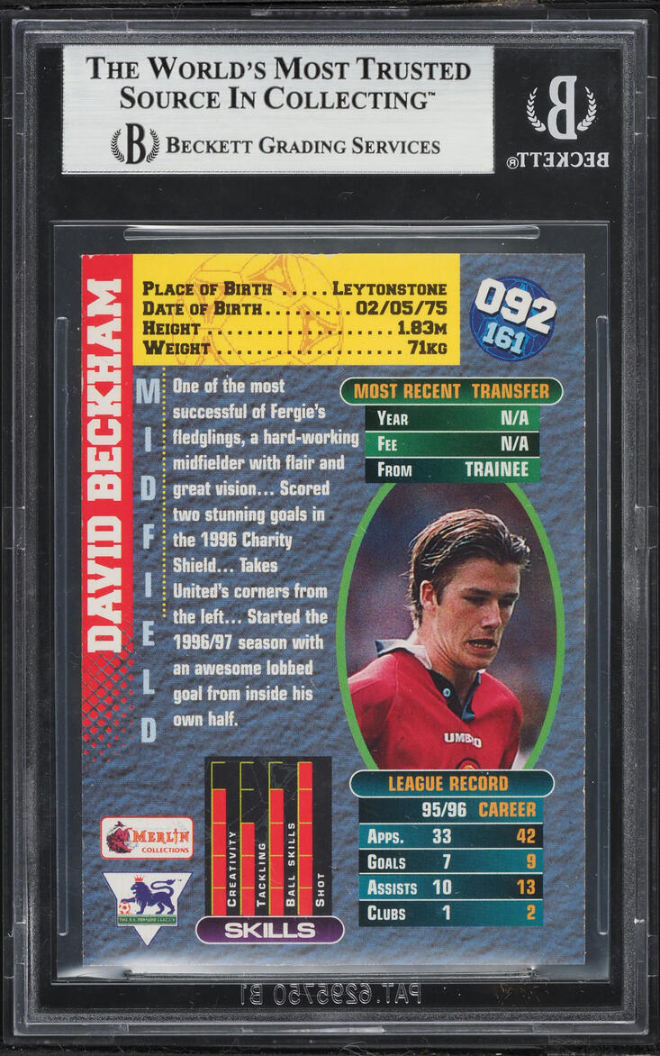 1996 Merlin Premier Gold England David Beckham ROOKIE #92 BGS 8 NM-MT
