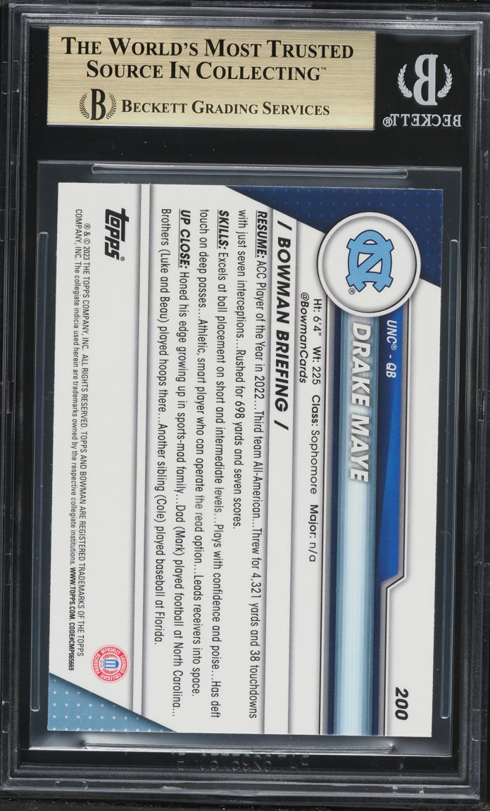 2023 Bowman Chrome University Drake Maye PROSPECT #200 BGS 9.5 GEM MINT