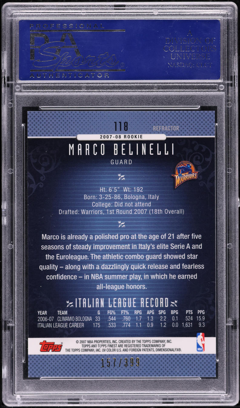 2006 Finest Refractor Marco Belinelli ROOKIE /399 #118 PSA 10 GEM MINT
