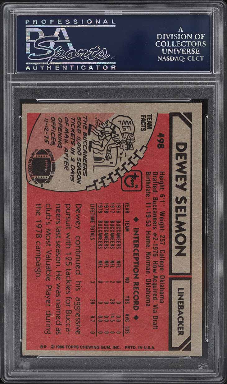 1980 Topps Football Dewey Selmon #498 PSA 10 GEM MINT