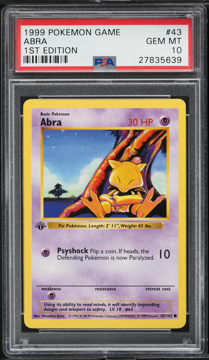 1999 Pokemon Base Set Shadowless 1st Edition Abra #43 PSA 10 GEM MINT