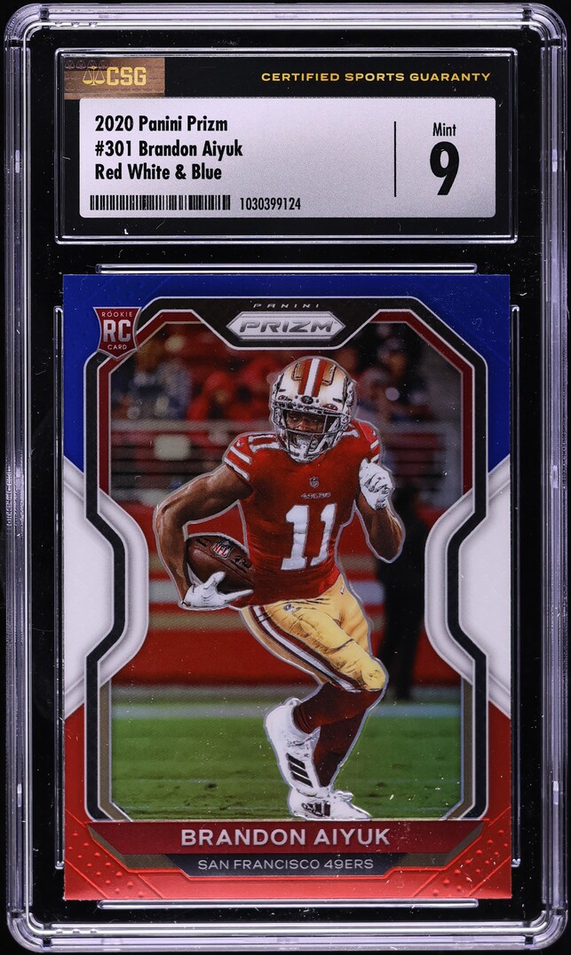 2020 Panini Prizm Red White & Blue Brandon Aiyuk ROOKIE #301 CSG 9 MINT