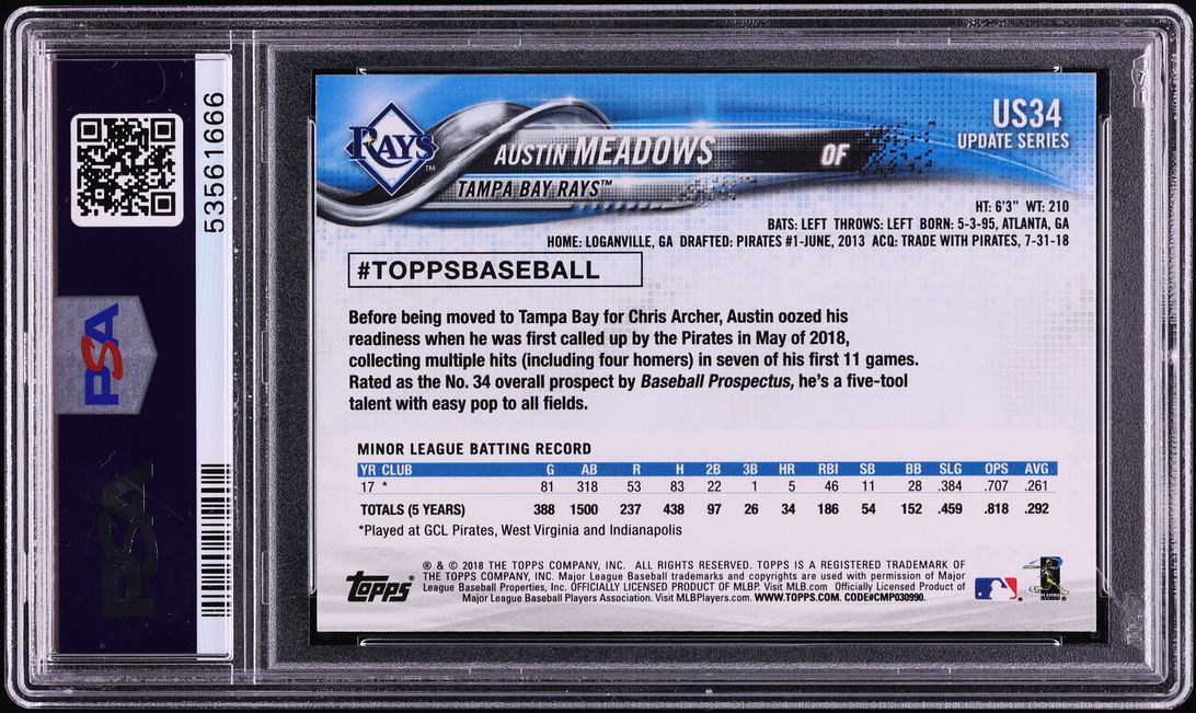 2018 Topps Update Gray Jersey Austin Meadows ROOKIE #US34 PSA 10 GEM MINT