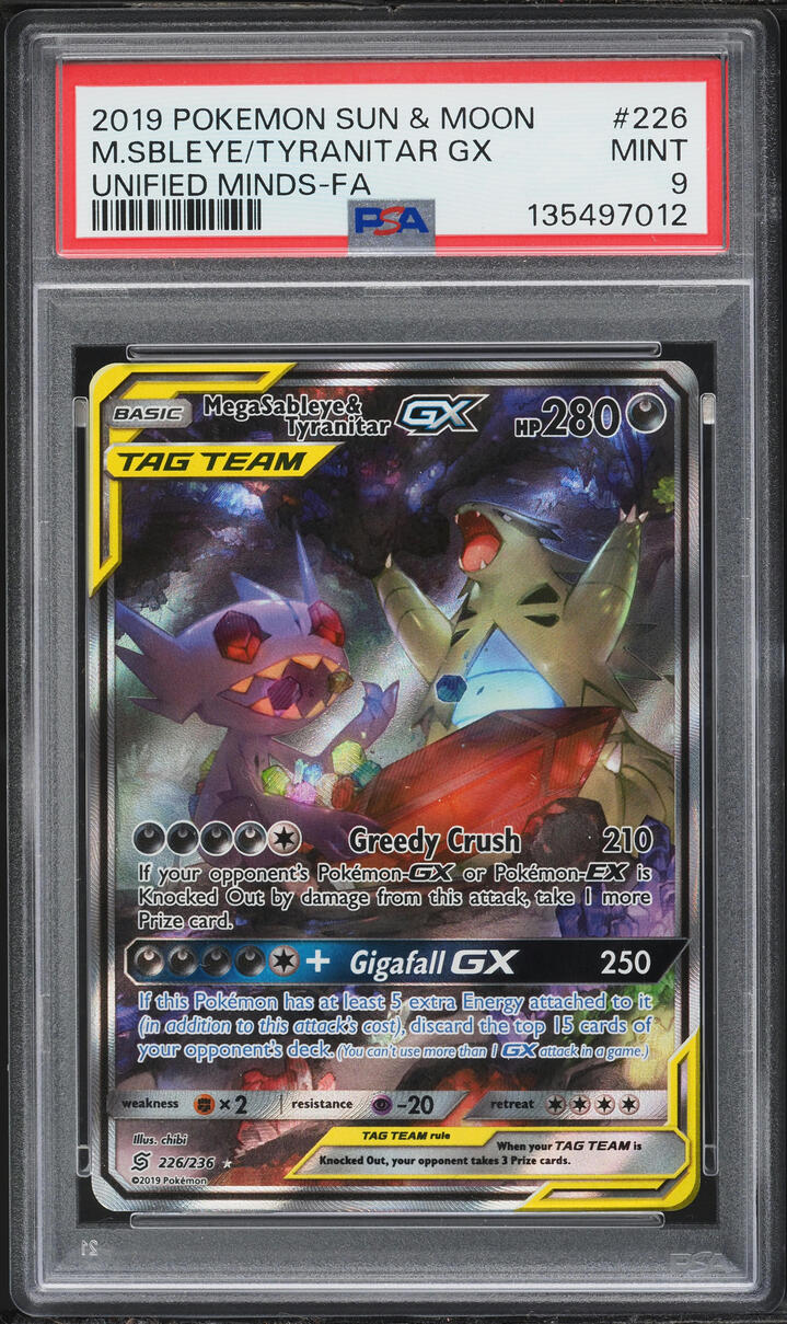 2019 Pokemon Sun & Moon Unified Minds Full Art Mega Sableye & Tyranitar GX #226 PSA 9 MINT