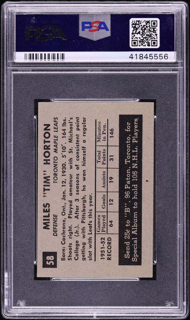1952 Parkhurst Tim Horton #58 PSA 6 EXMT