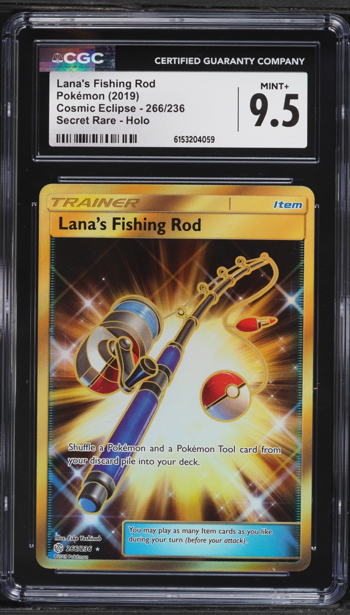 2019 Pokemon Sun & Moon Cosmic Eclipse Gold Rare Lana's Fishing Rod #266 CGC 9.5 MINT+