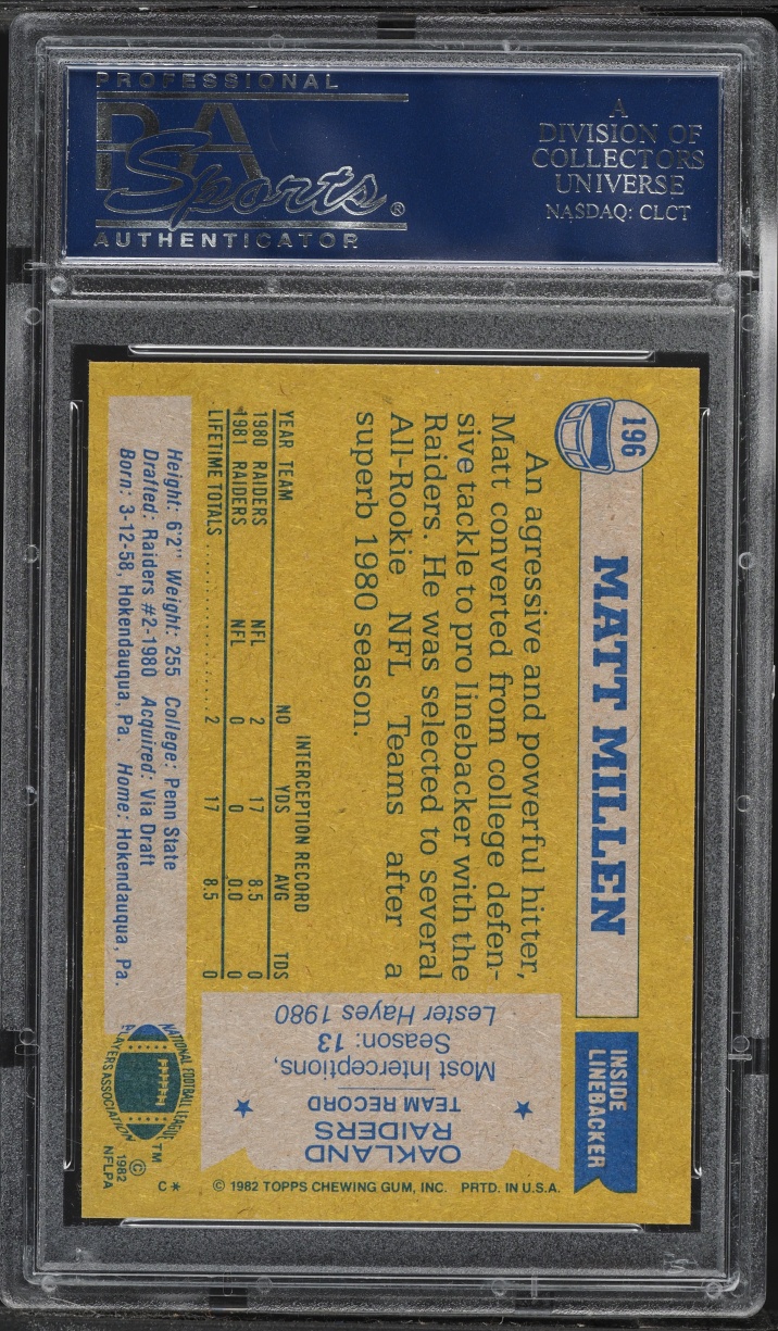 1982 Topps Football Matt Millen #196 PSA 9 MINT
