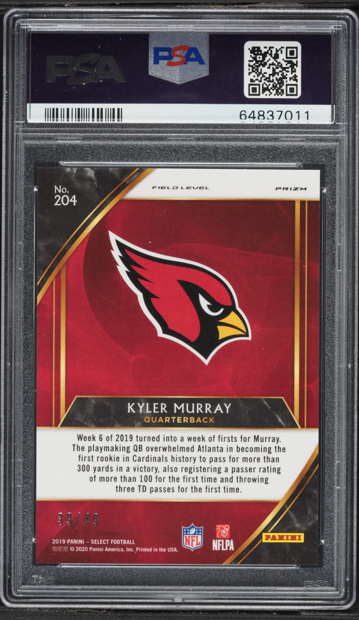 2019 Select Field Level Red Prizm Kyler Murray ROOKIE /49 #204 PSA 10 GEM MINT