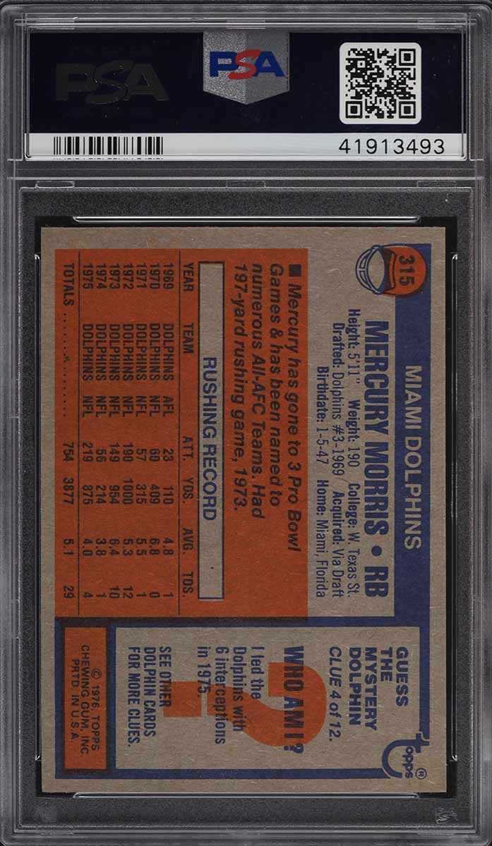 1976 Topps Football Mercury Morris #315 PSA 10 GEM MINT