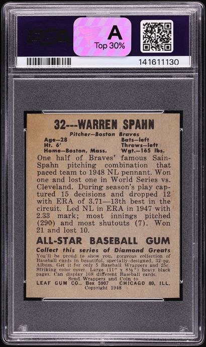 1948 Leaf Warren Spahn ROOKIE #32 PSA 8.5 NM-MT+